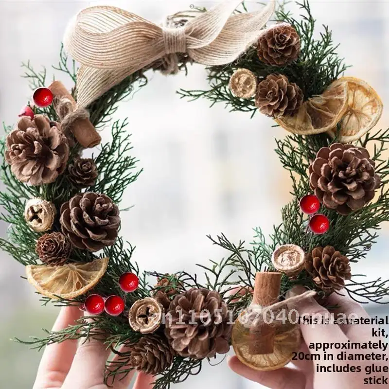 

DIY Handmade Christmas Garland Pine Dried Flower Rattan Ring European Style Window Wall Hanging Decorative Piece