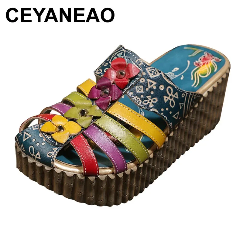 

CEYANEAOSummer New Hollow Handmade Shoes Women Slides Genuine Leather Cover Toes Flower Women's Platform Wedges Slippers