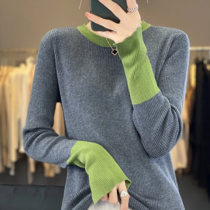 

2024 New Spring and Autumn O-Neck Color matching Cashmere Sweater Women Long Sleeve Pullover Solid Color Base