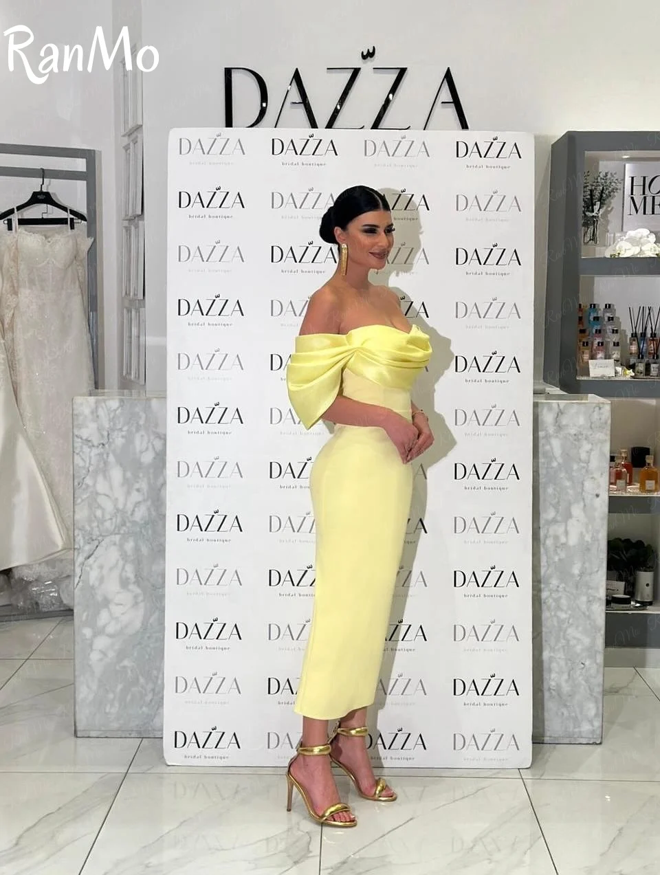 Ranmo 맞춤형 노란색 인어 원 숄더 댄스 파티 드레스 민소매 Pleated 이브닝 드레스 발목 길이 파티 드레스 فساتين