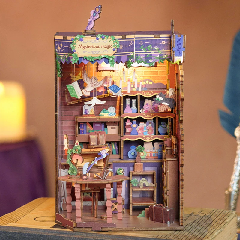 Kit de modelo en miniatura de madera para rincón de libros, sujetalibros de casa mágica misteriosa, estantería de rompecabezas 3D para amigos, regalos de cumpleaños