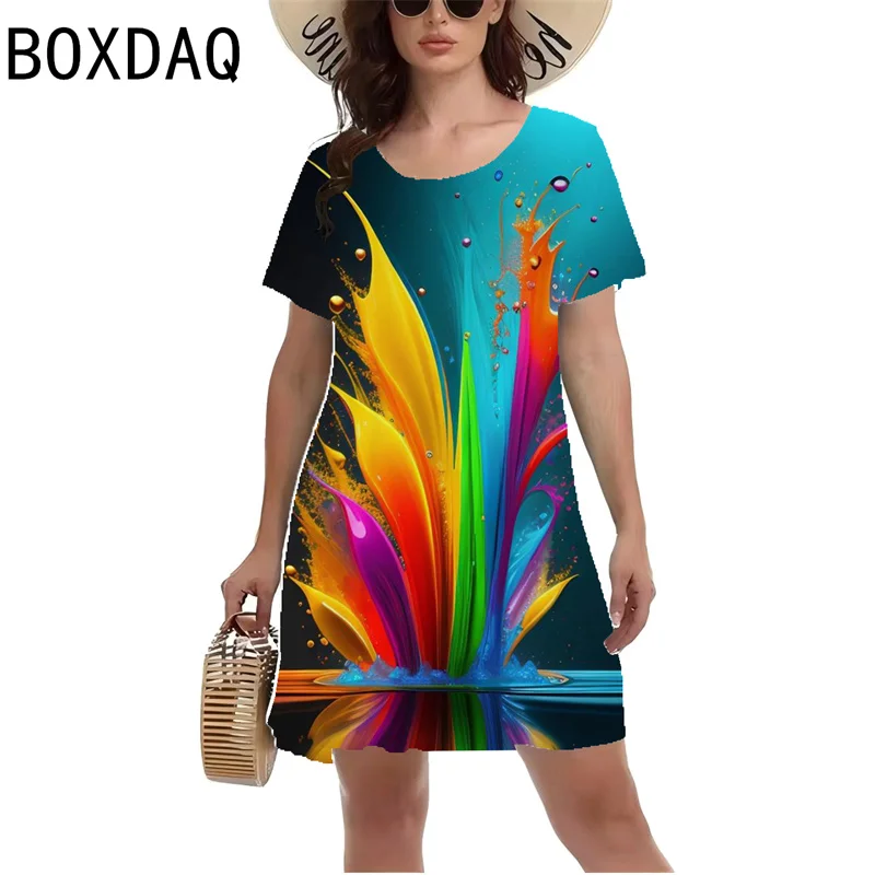 Fashion Colorful Ink Gradient Tie dye Printed Dress Big Size 3XL Women's Summer Short Sleeved Casual A-Line Dress Vestidos