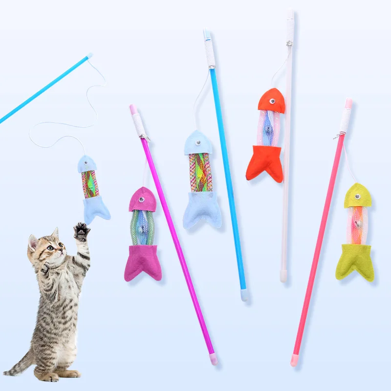 New Funny Tassel Cat Stick Colored Fun Bells Fish Type Pet Interactive Playing Toy for Cats Teaser Kitten Fishing Rod Wand Toy