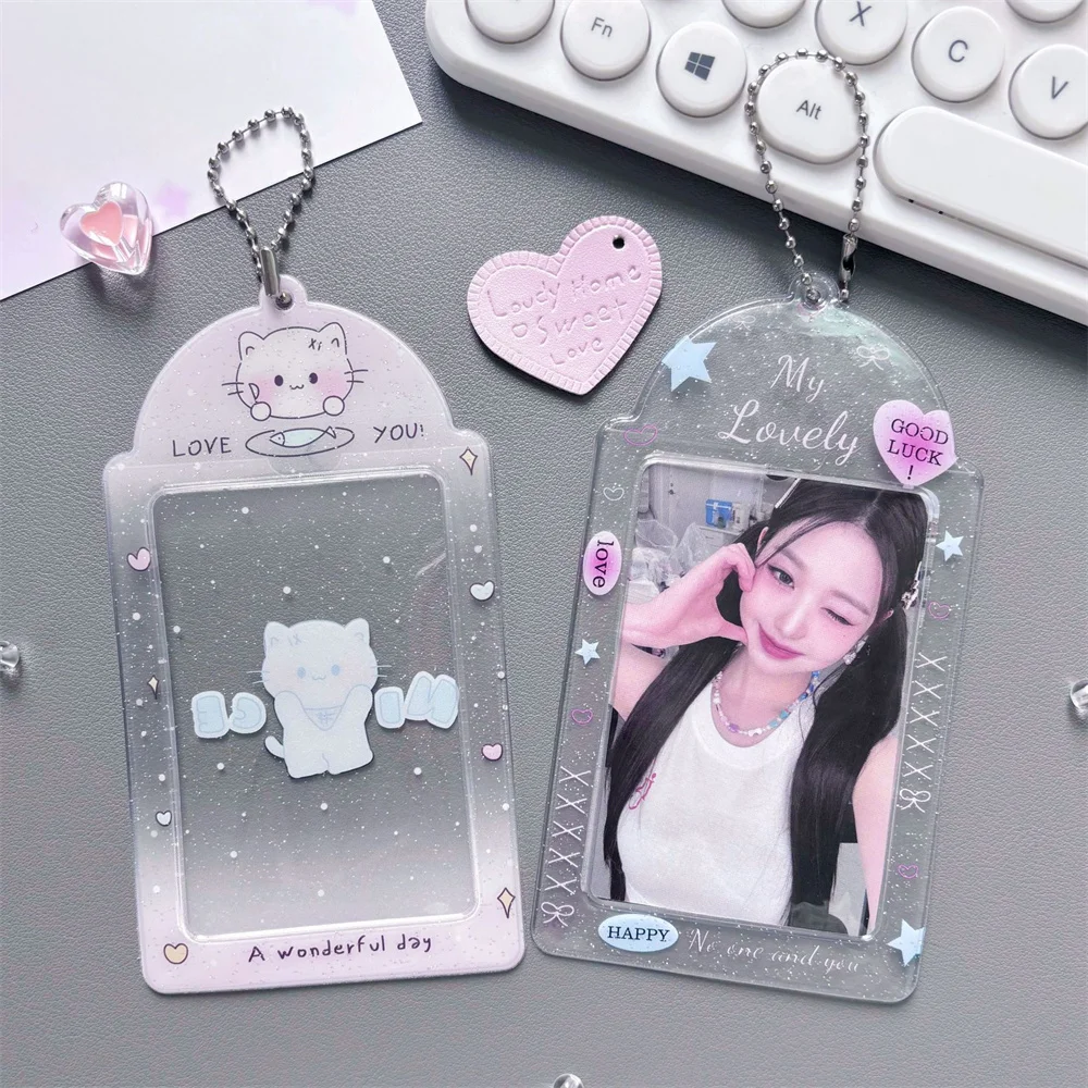 INS Korean Transparent Y2k Glitter Hearts Photo Card Holder Kpop Meal Card Bus Card Sleeves Photocard Protective Cover Pendant