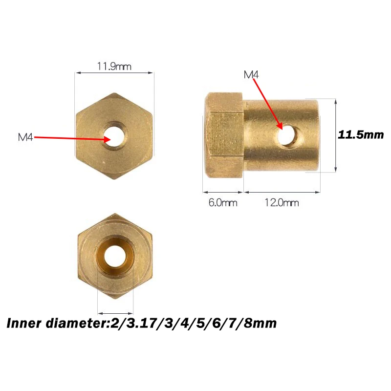 1pcs Hexagonal Brass Shaft Coupling 2/3.17/3/4/5/6/7/8mm Motor Transmission Connector Model Car Wheels Tires Shaft Hex Adapter