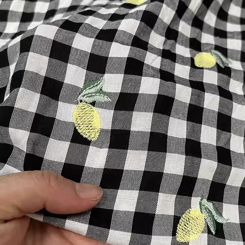 

Cotton Polyester Embroidery Fabric Checkered Lemon Embroidered Dress Pajamas Bed Sheets Handmade DIY Bag Fabric