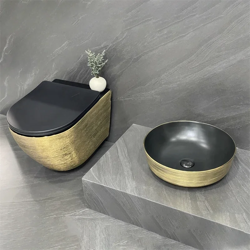 Luxury black gold basin custom toilet ceramic wall-mounted toilet gold wall-mounted toilet set