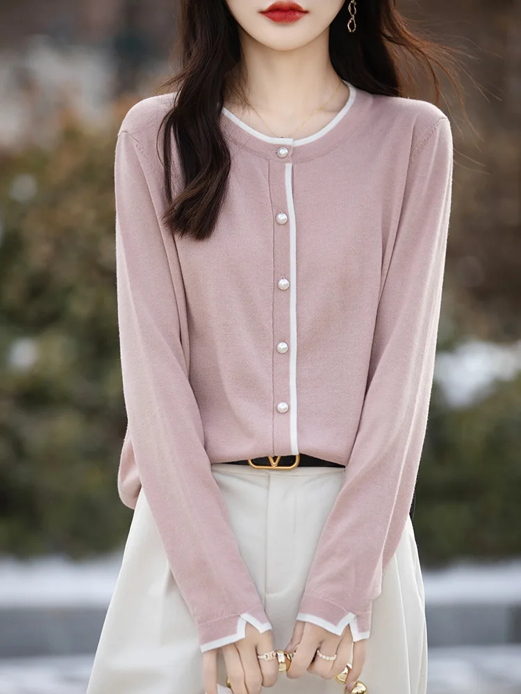 Women O-neck Pearl Button Wool Cardigan Spring Autumn Office Lady Grace Basic Soft Sweater 30% Merino Wool Knitwear Female Cloth