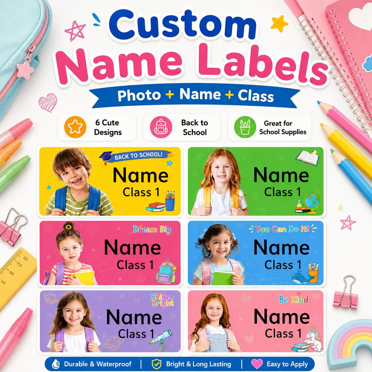 Custom Photo Name Stickers, 4CM Personalized Labels for Bottles, Lunch Boxes, Notebooks, Pencil Cases and Storage Boxes