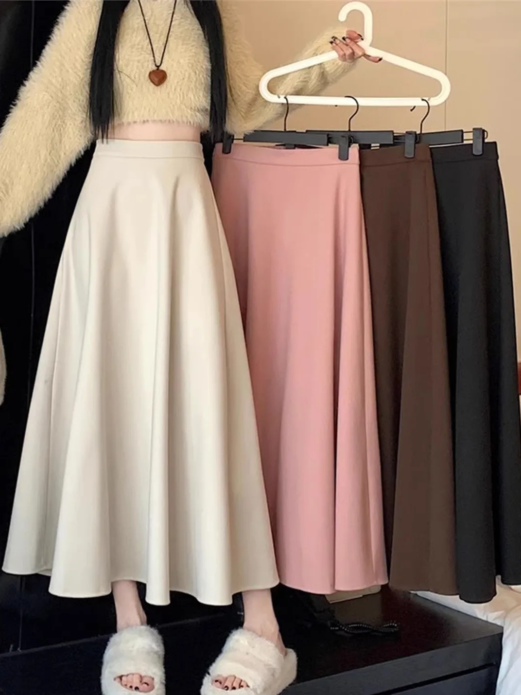 

Khaki Woolen Plaid f-length Skirt A-line ape Hiding Hip Pear ape Slimming Large Size Women's Faion Commute High Waist