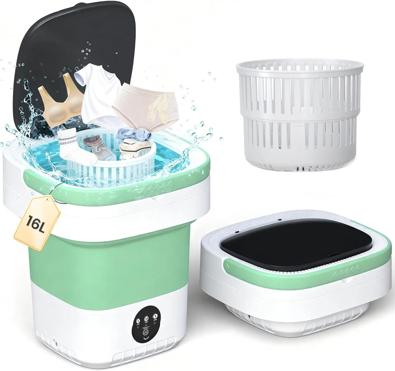 

Portable Washing Machine - 16L Mini Foldable Washer with Spin Basket, 3 Cleaning Modes & Deep Cleaning for Small Clothes