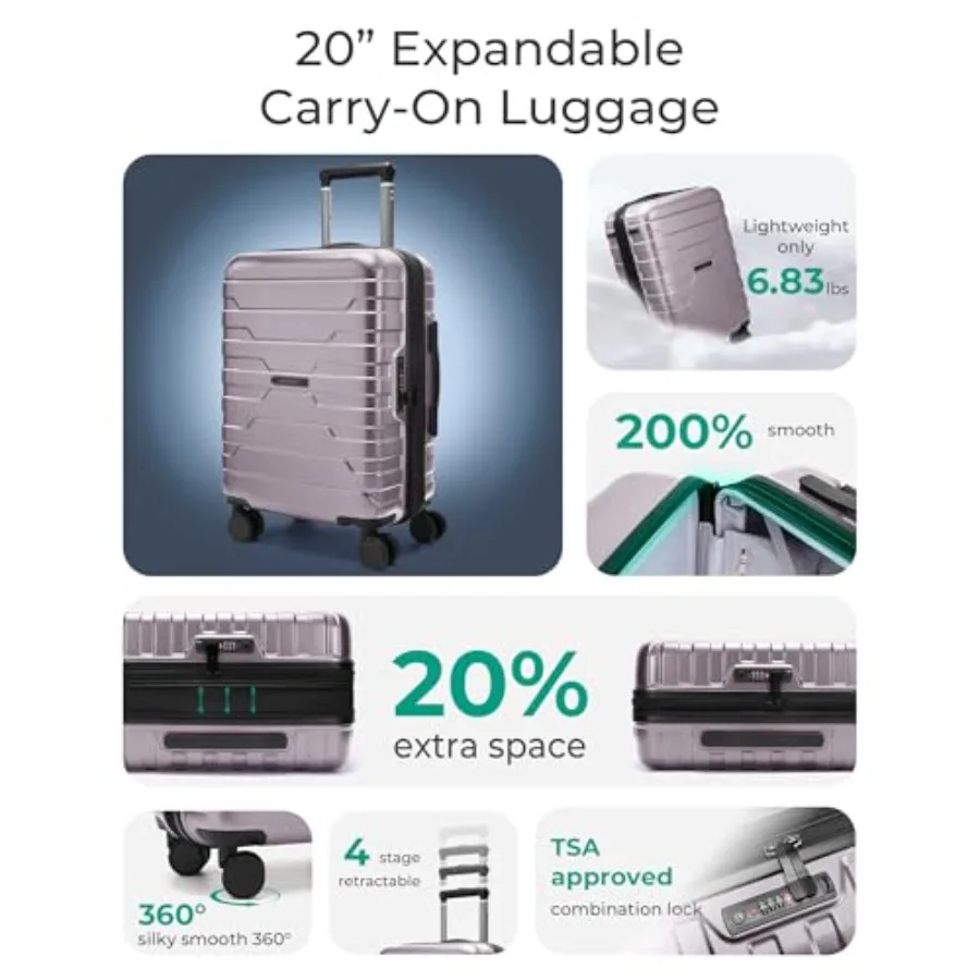 Rose Purple 20 Inch Expandable Hard Shell Carry On Luggage with Spinner Wheels Lightweight Airline Approved for Men Women TSA L - Image 2