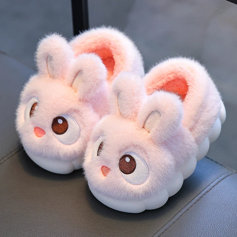 New Winter Cute Big eyed Rabbit Children\'s Cover Heel Warm Non-slip Fluffy Slippers For Girls Boys Kids Indoor Home Cotton Shoes