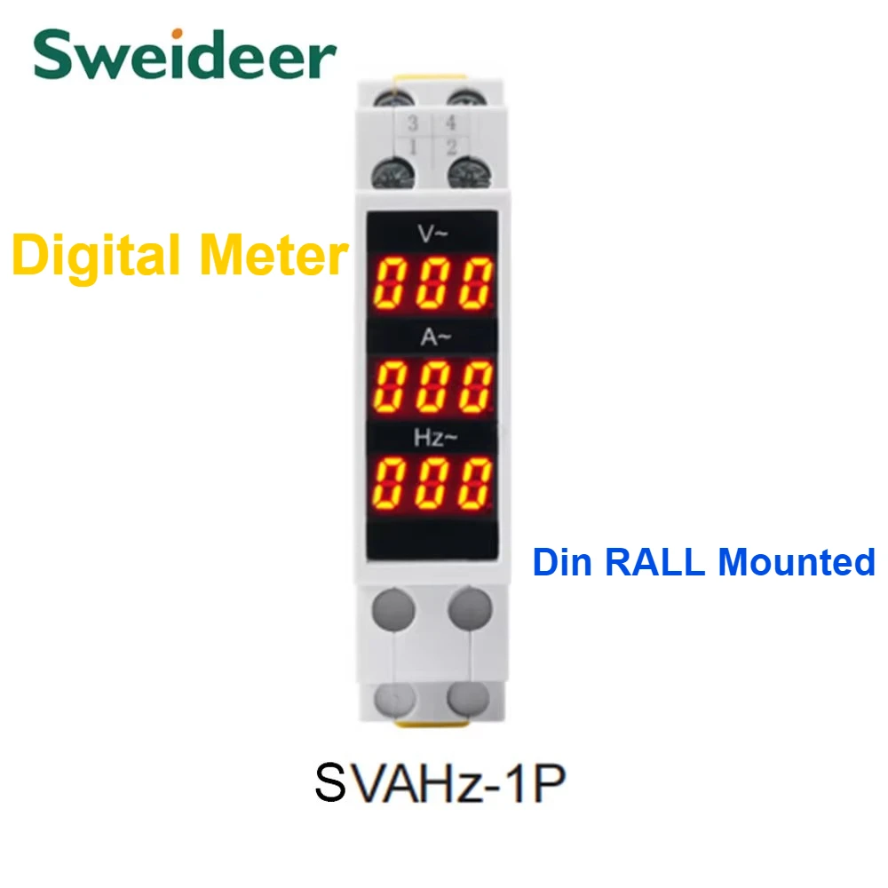 Digital Tester Meter Din Rail Single Phase 1Pole Voltmeter Ammeter Frequency for Electrical Power Red  AC 50-500V 0-100A 0-99HZ