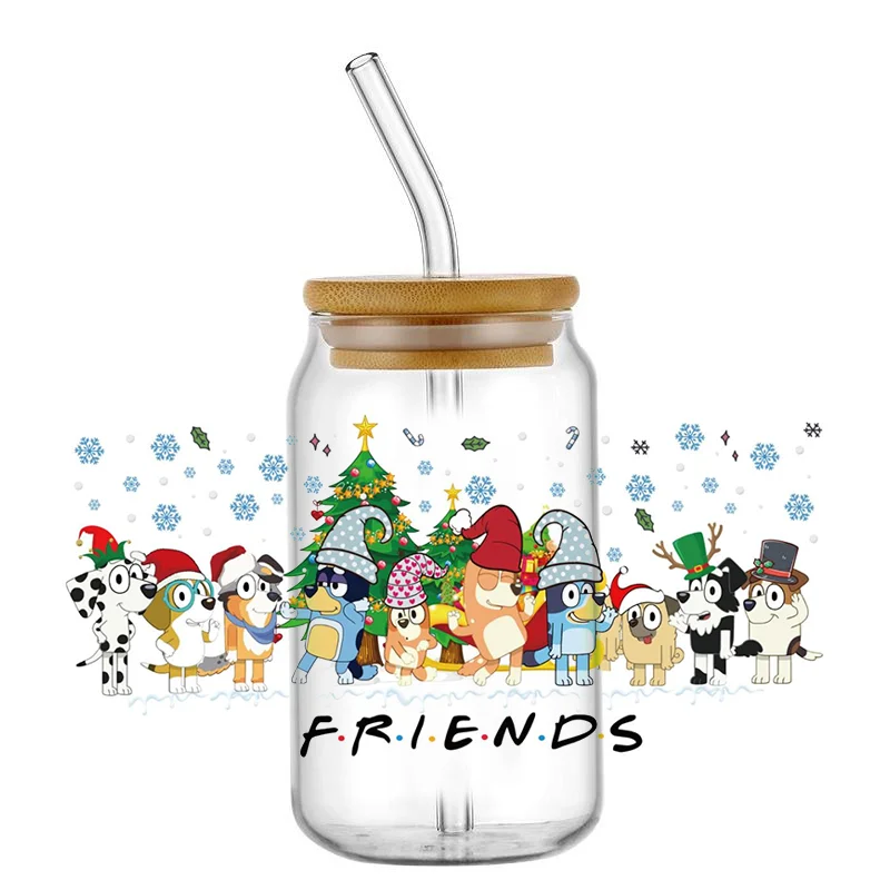 Miniso Christmas Cartoon Dog 3D UV DTF Sticker For Glass Cup Can Wrap Transfer Decal Sticker Custom Labels DIY Logo Gift