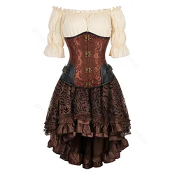 Vestido de corsé Steampunk para mujer, traje de pirata marrón, blusa con hombros descubiertos, debajo del busto, talla grande