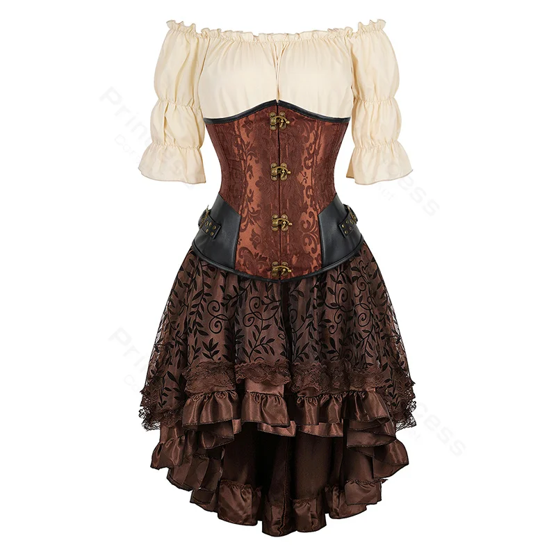 Steampunk gorset do sukienki brązowy kostium pirata bluzka ramię Off Underbust gorset Plus rozmiar Cosplay pirackie sukienki dla kobiet