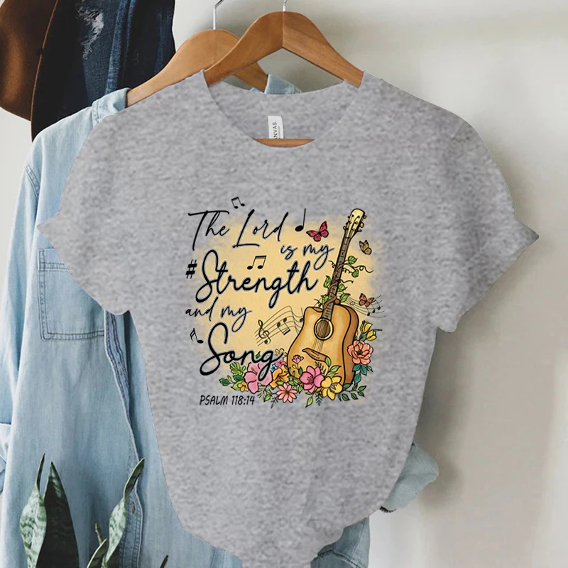 Women Vintage Boho Guitar Print Gospel Music T-Shirt Summer Christian Clothes Bible Verse God Worship Tshirt Religious Faith Tee