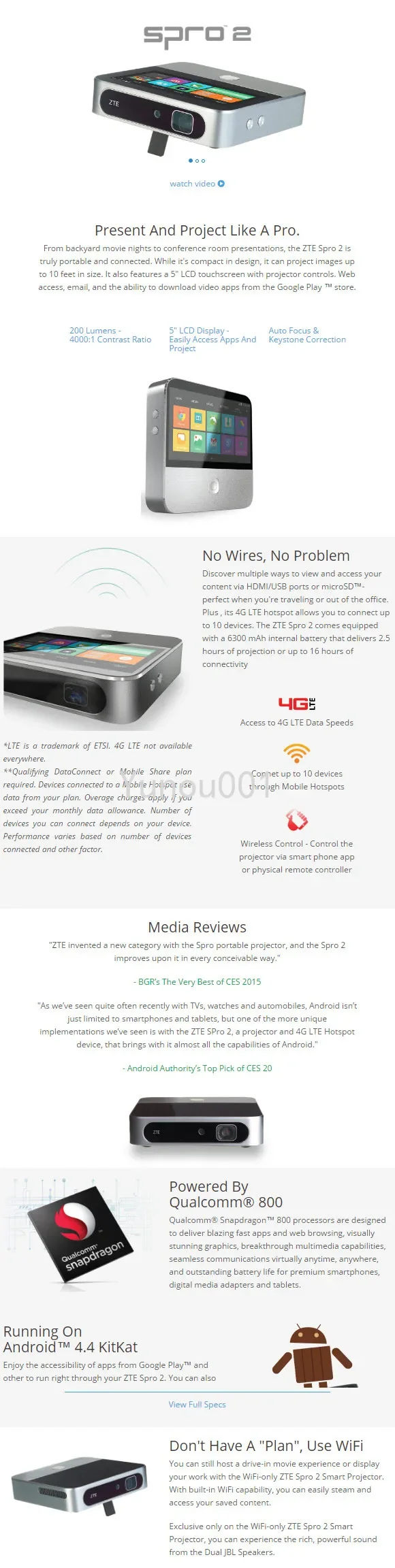 ZTE Spro 2 (WiFi) Smart Projector and Hotspot (up to 1000Mbps)