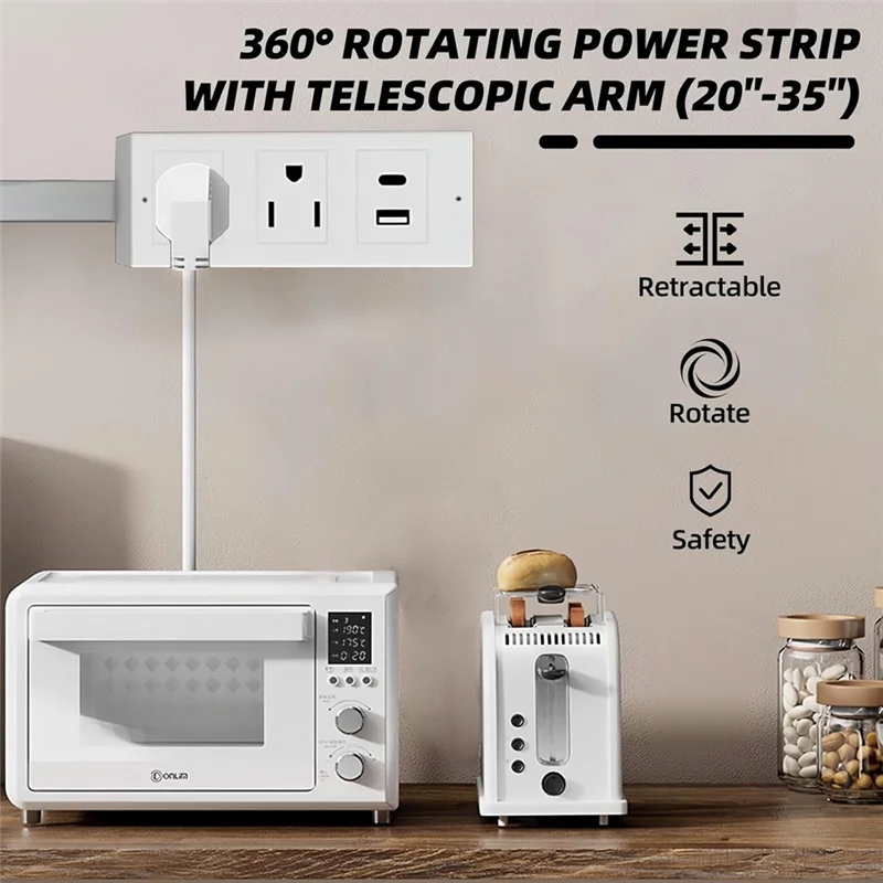 ABKO-Extensor de toma de corriente para uso doméstico y de oficina Stick-180 °   Rotación, longitud extensible (22 "- 27") con puertos USB-C y USB-A-enchufe estadounidense