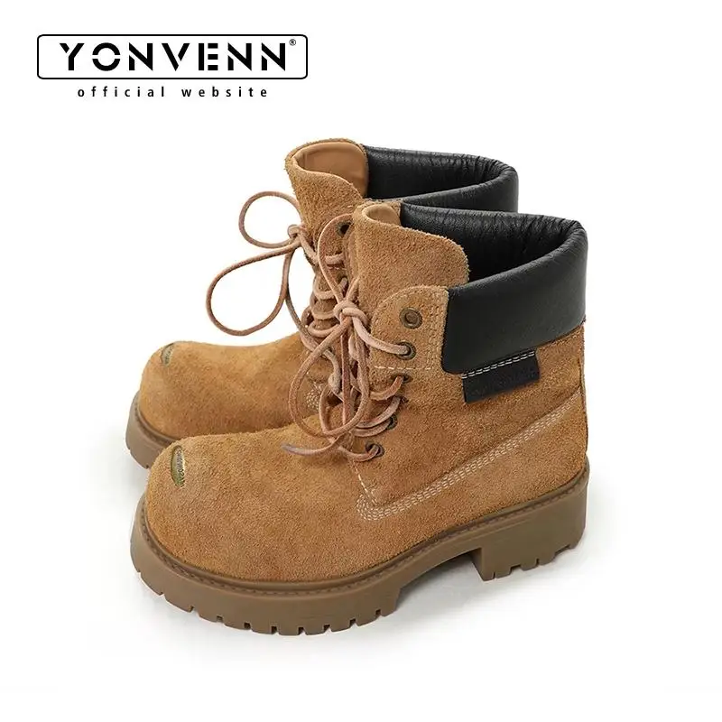 

New height increasing 7cm cow suede leather short boots for men with upturned head and metal decoration Mickey big yellow boots