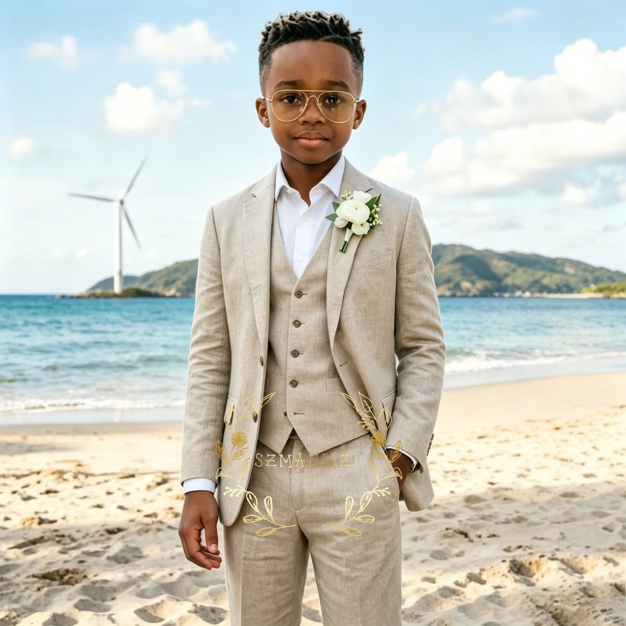 

Summer Beige Linen Boys Suit 3 Piece Set Notched Lapel Jacket Vest Pants Wedding Tuxedo Kids High Quality Custom Outfit