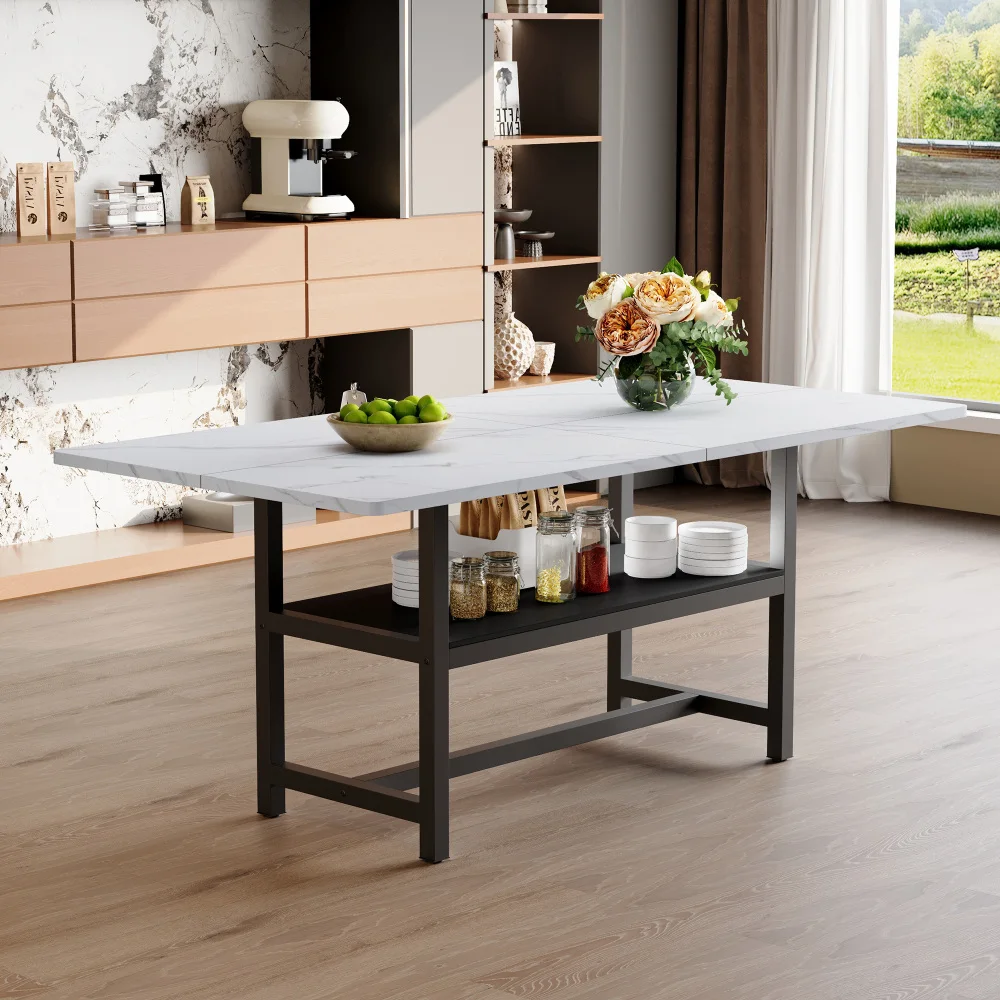 

71×35.4 inch dining table: 4 white textured MDF tabletop pieces, 43.3×19.7 storage platform. Ideal for family gatherings etc.