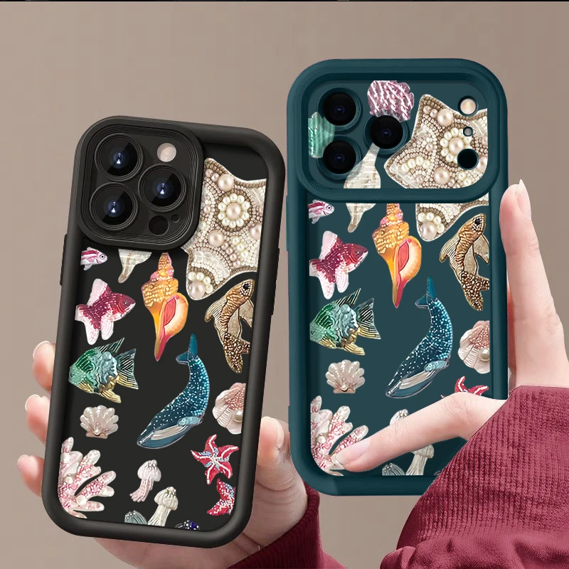 حافظة هاتف من البولي يوريثان لهاتف آيفون 17 16e 15 16 Pro Max 14 16 Plus لهاتف آيفون إير 13 12 Pro Max 11 غطاء سيليكون مطبوع عليه الكائنات البحرية