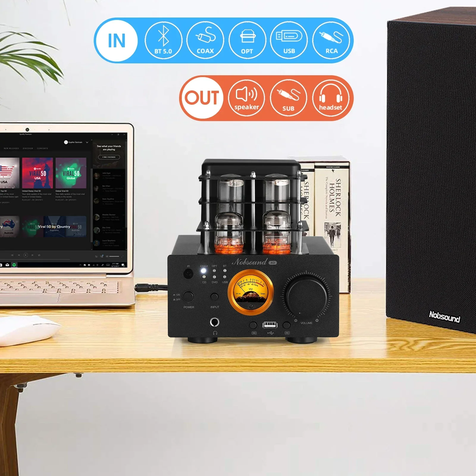 Nobsound A3 HiFi Bluetooth 5.0 Receiver Tube Amplifier USB Player Digital COAX / OPT Stereo Power Amp 35W×2 Headphone Amp