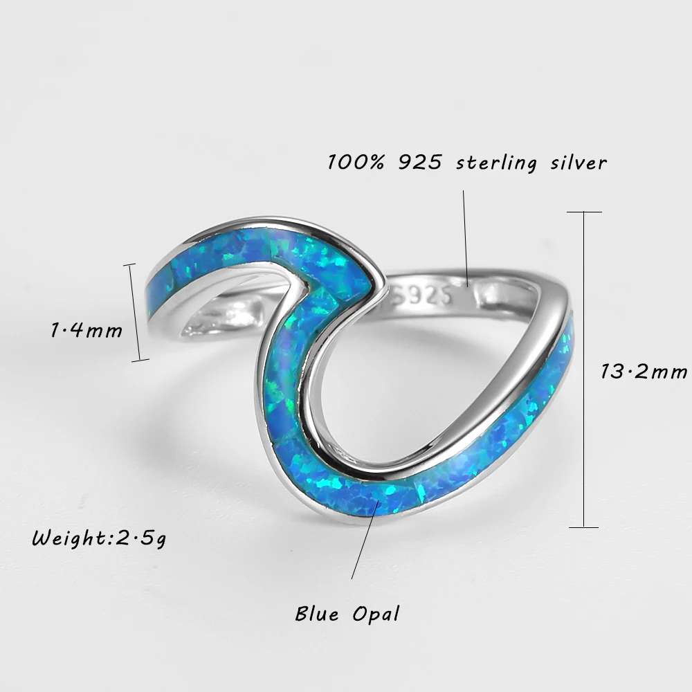 925 Sterling Silver Rings Blue Opal Wave Shape for Women Special Vintage Engagement Finger Ring Female Ring Fine Jewelry