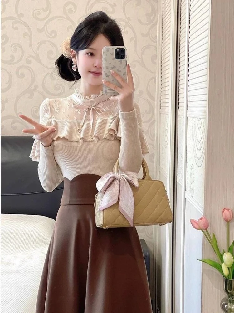 Japanese Elegant Fashion Sweet 2 Piece Sets Women Design Vintage Y2k Long Sleeve Tops + Midi Skirt Harajuku Korean Retro Outfits