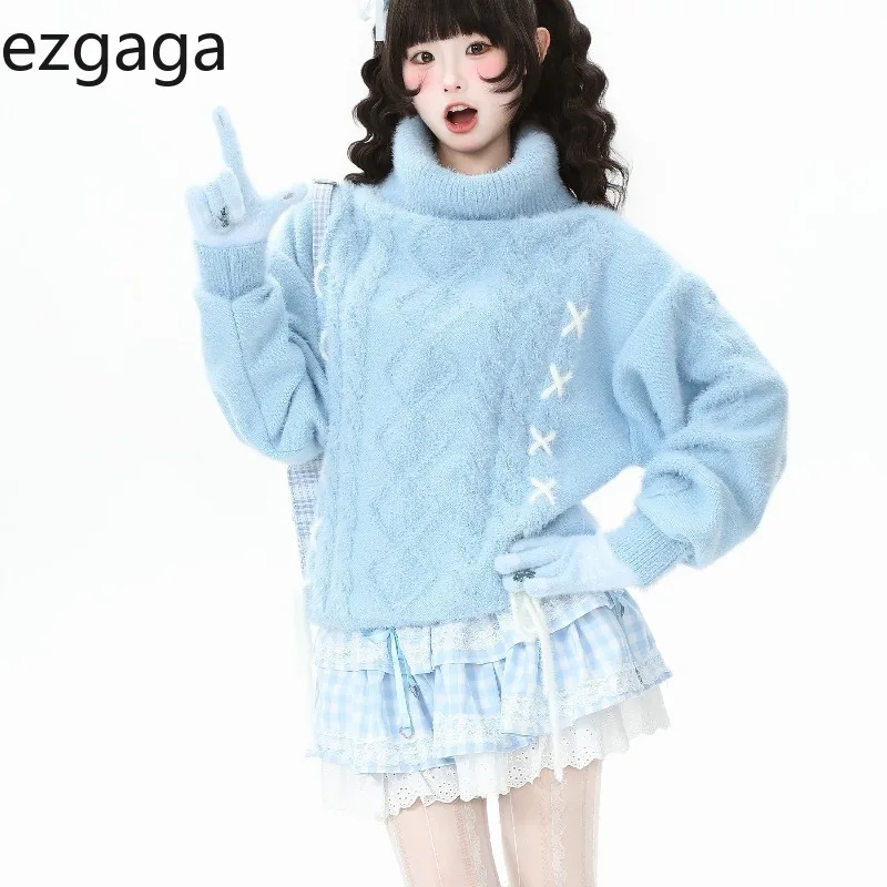 

Ezgaga вязаный свитер женский осенне-зимний милый элегантный пуловер с воротником свободный винтажный модный женский повседневный джемпер