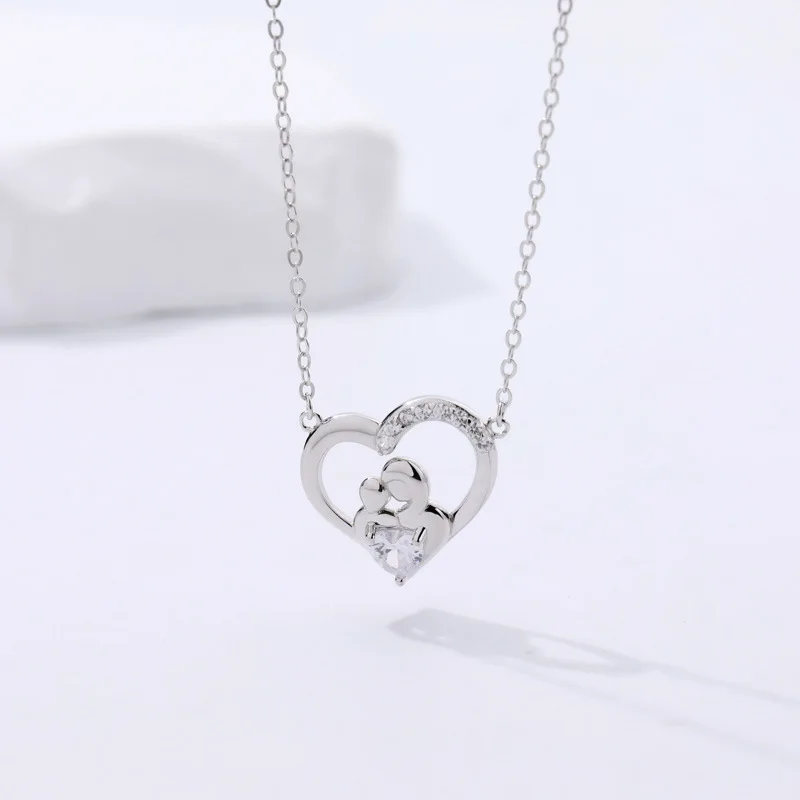 925 Sterling Silver Mother and Child Love Heart Pendant Necklace Jewelry Gifts for Grandmother Mom Daughter Wife C-A303A