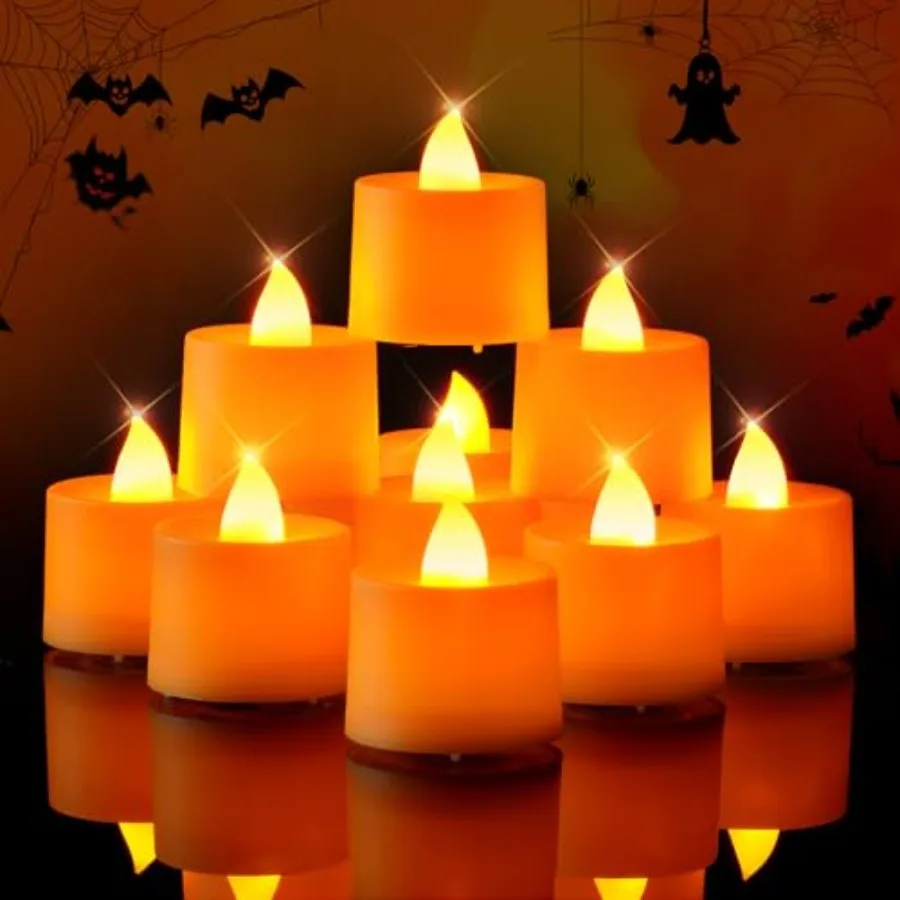 24 Pack Halloween Orange LED Votive Candles Battery Operated, Flameless Fake Colored Tea Lights Candles for Party Diwali Pumpkin