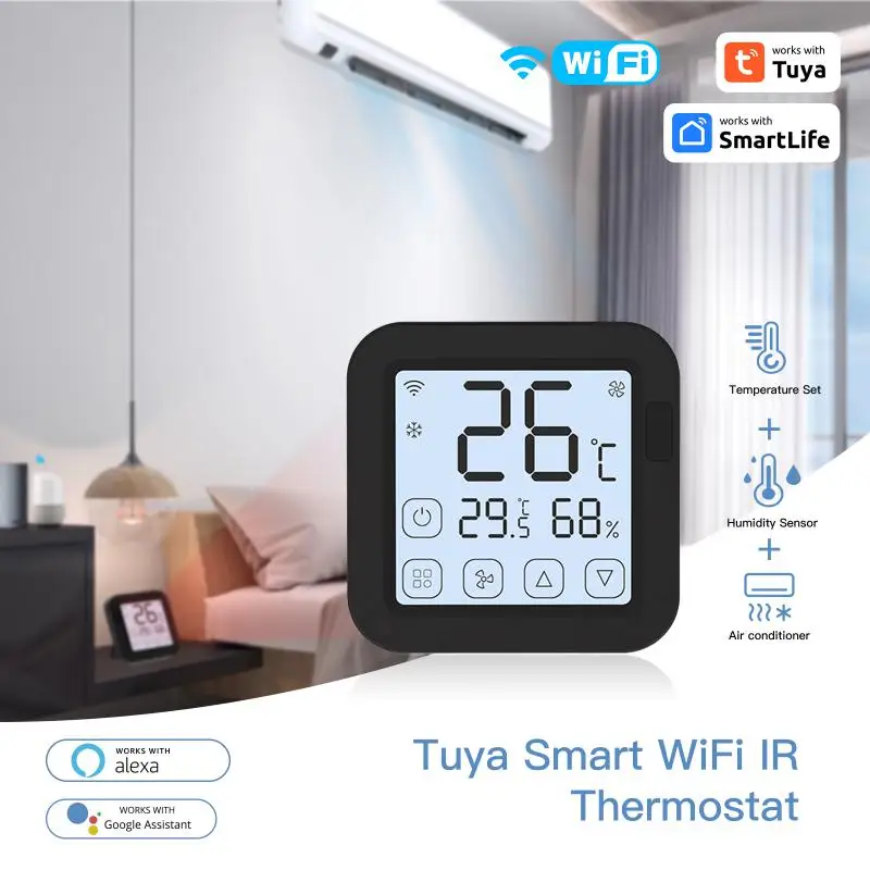 

Tuya WiFi IR Thermostat Controller LCD Screen Touch Button Wireless Remote Built-in Temperature and Humidity Sensor alexa