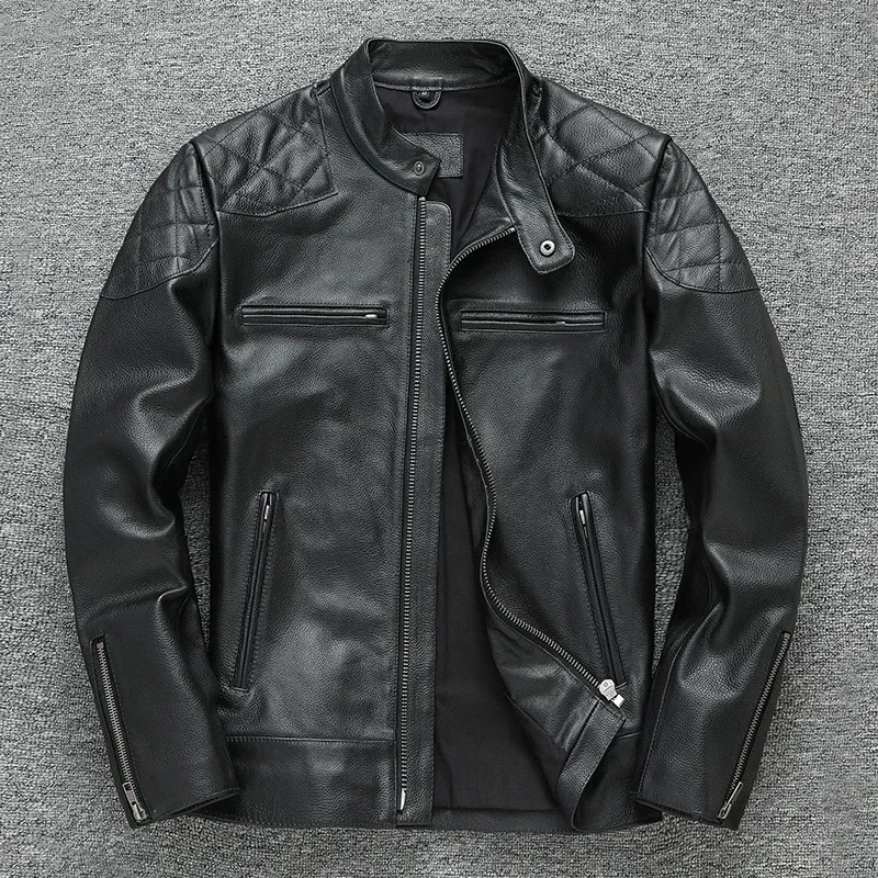 Men top layer cowhide jacket genuine leather motorcycle suit autumn stand collar slim fit chaqueta cuero hombre