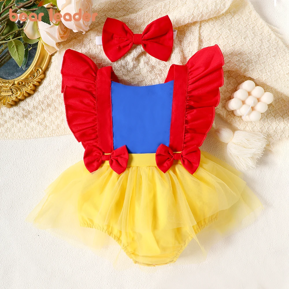 

Bear Leader 2025 New Sweet and Cute Color Blocked Baby Clothing Summer Fashion Sleeveless Mesh Princess Girl Bodysuits