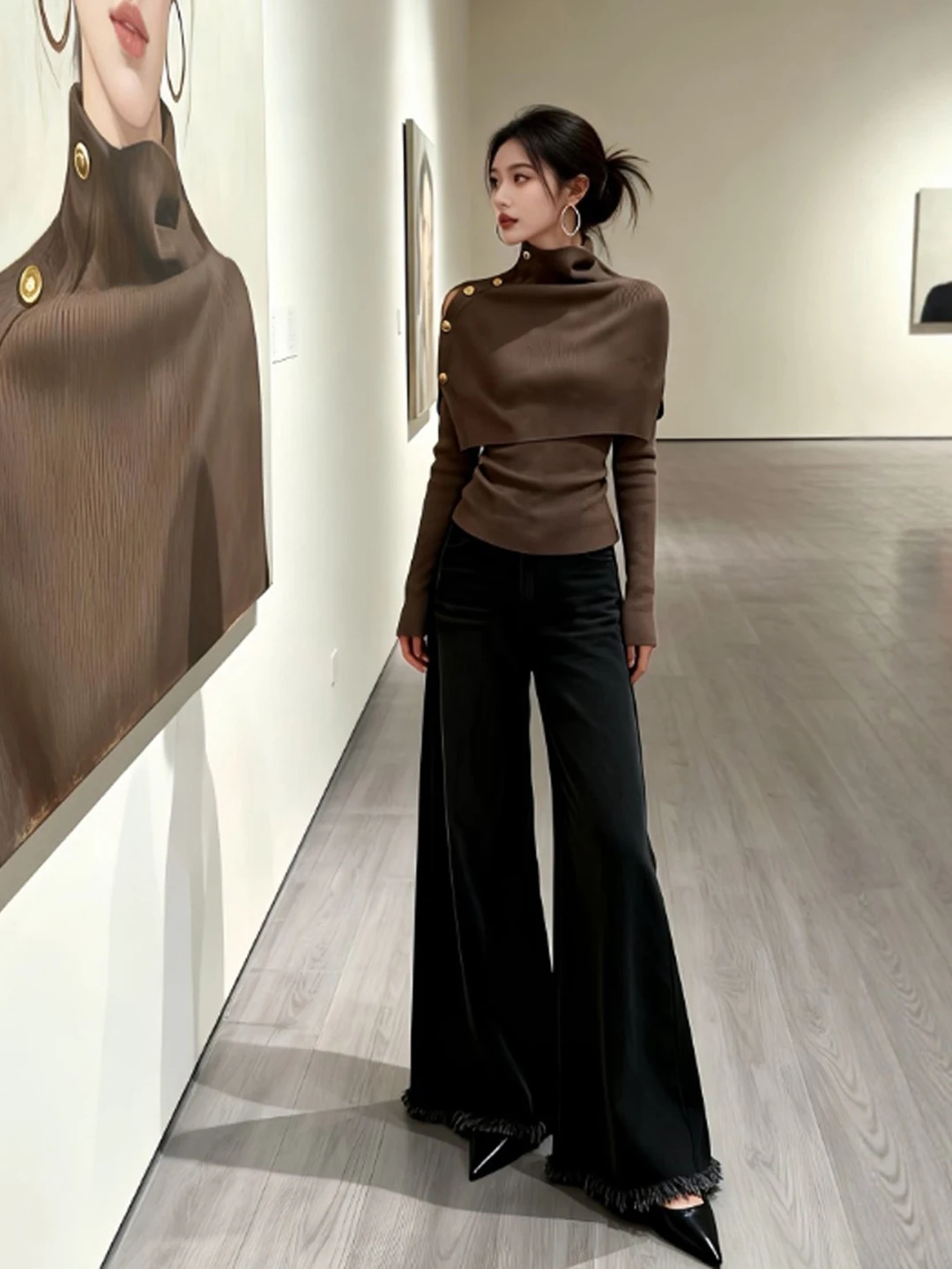 

Retro Korean Sle Slimming Knitwear Cowl Ne Long Sve Warm Casual Top Women's Faion Spring 2026 Trendy Outfit