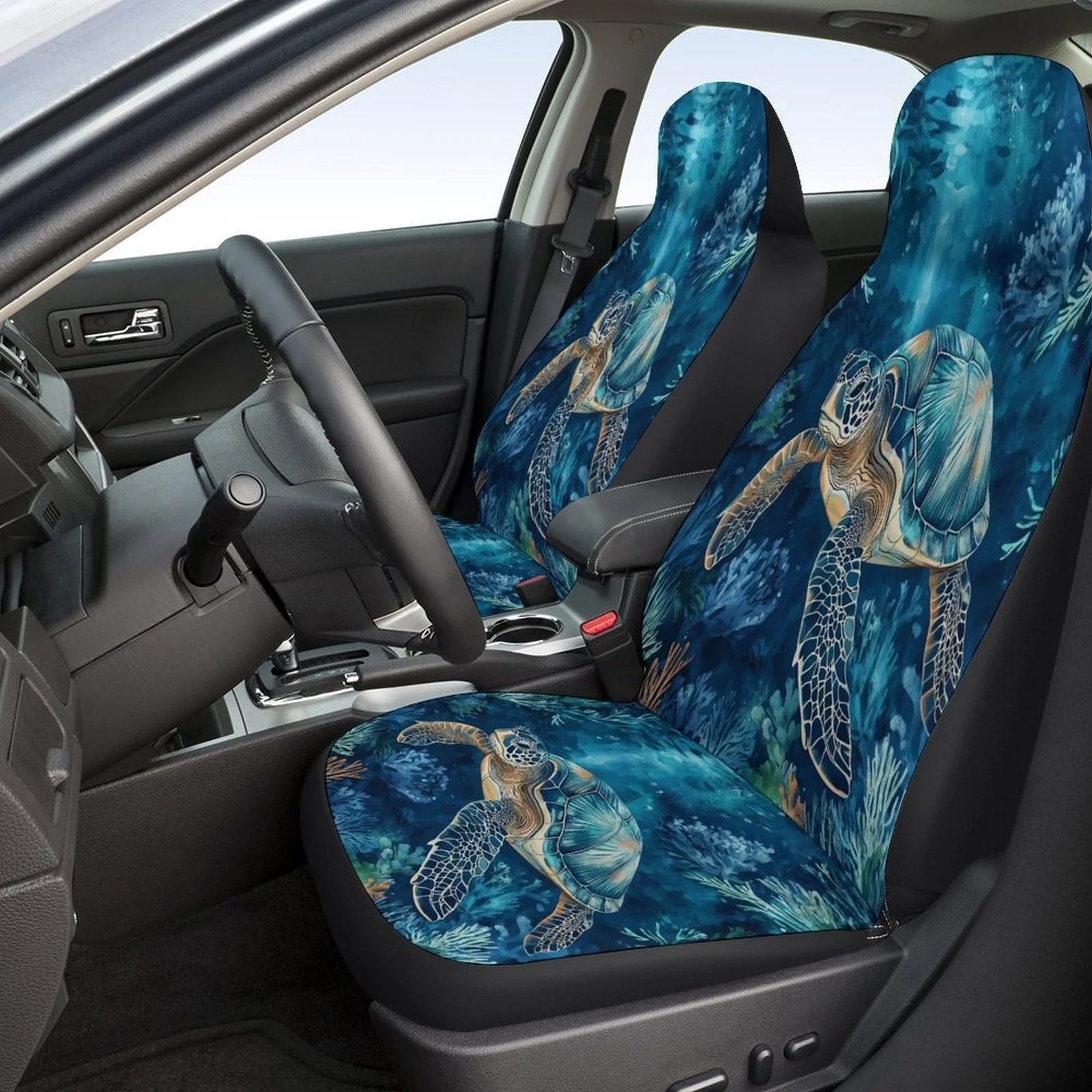 Turtle In Coral Reef Designed Car Seat Covers Set For Most Cars, Fashion Decorative Car Seat Protector Covers Full Set, Universa