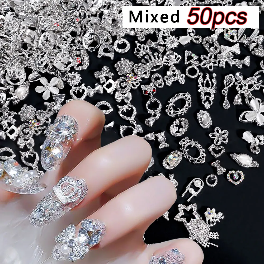 50pcs Mixed Style Silver Nail Ornaments 3D Aolly Heart/Butterfly/Flower/Star Nail Rhinestones Charms Bling Random DIY Nail Decor