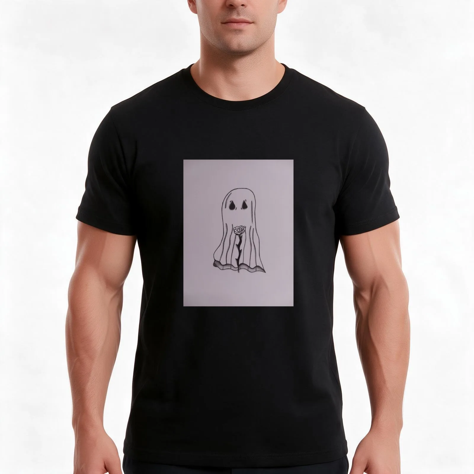 Ghost with Flower T-Shirt, Summer Casual Cotton Tee, Oversized Streetwear Tops, Vintage Graphic Print, Loose Fit Short Sleeve