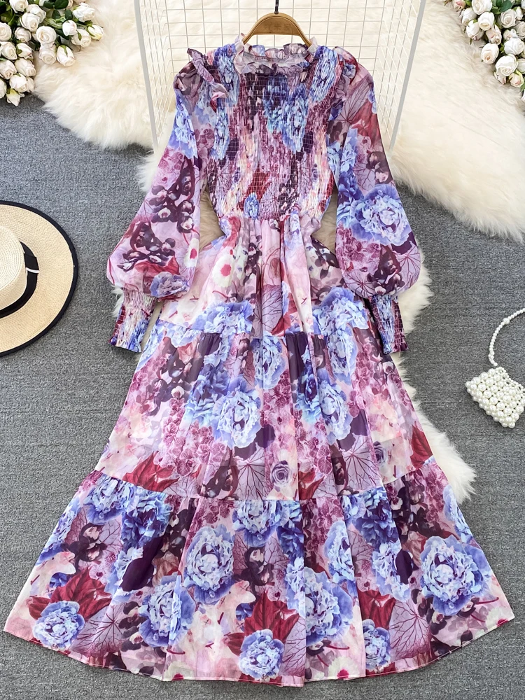 Autumn Vintage Women Floral Chiffon Midi Dress Elegant Ruffle Stand Collar Lantern Long Sleeve High Waist Big Swing Draped Robe