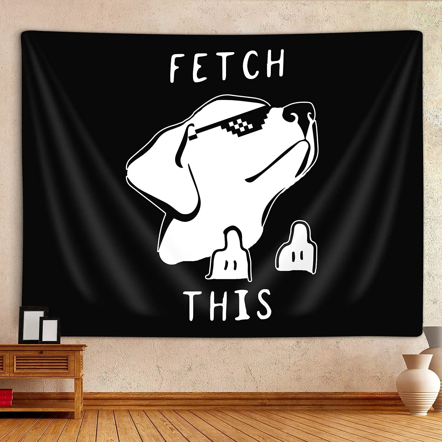 Funny Animals Tapestry,Hippie Style Cool Panda Ride Pug Dog Running in Beach Tapestry,Wall Hanging for Bedroom Living Room Dorm