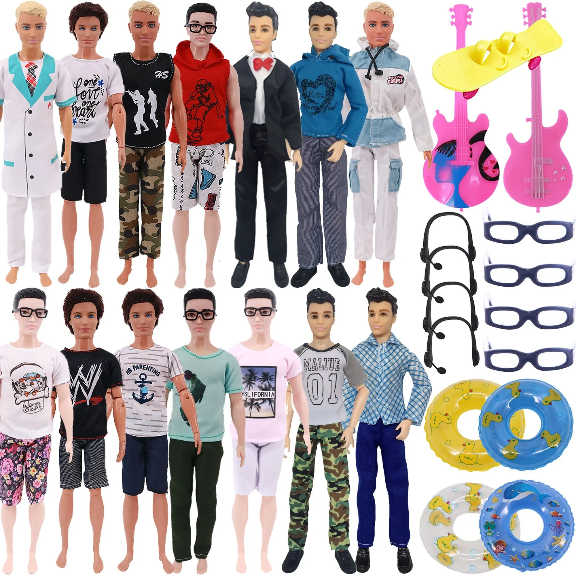 30Pcs/Set Ken Doll Clothes Toy Glasses Shoes Hangers Guitar Skateboard Headsets Accessories For Ken Barbies Girl`s Toy DIY