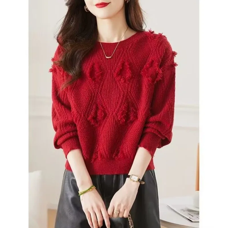 Einfarbiger Rundhalspullover mit Quasten, Herbst- und Winterpullover im Laternenstil, lockeres Oberteil