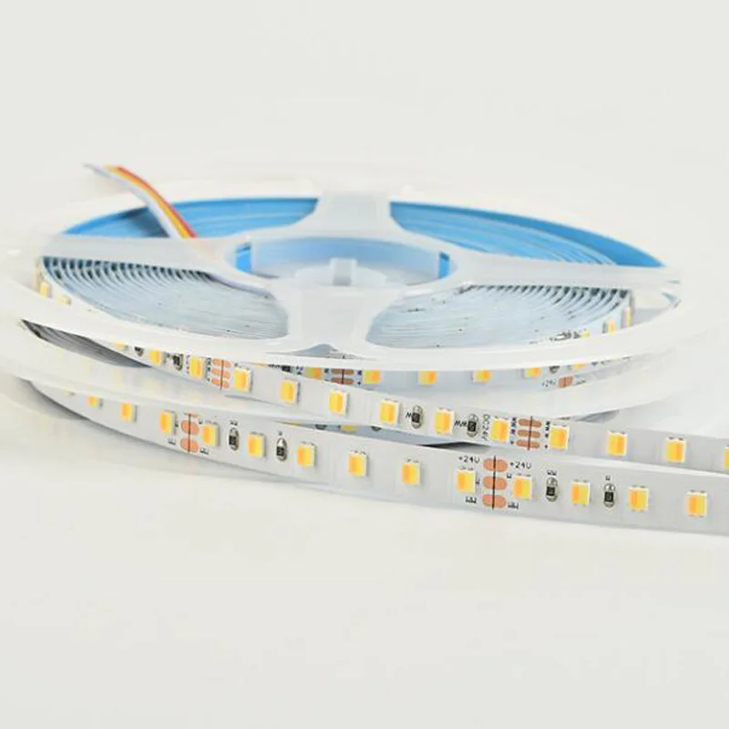 Imagem -02 - Faixa Led de Cor Dupla Regulável Cct Magro Fita 2835 Branco Quente e Branco em Chip 12v 24v 120leds por m 180 Leds por m 5m Milímetros 10 Milímetros