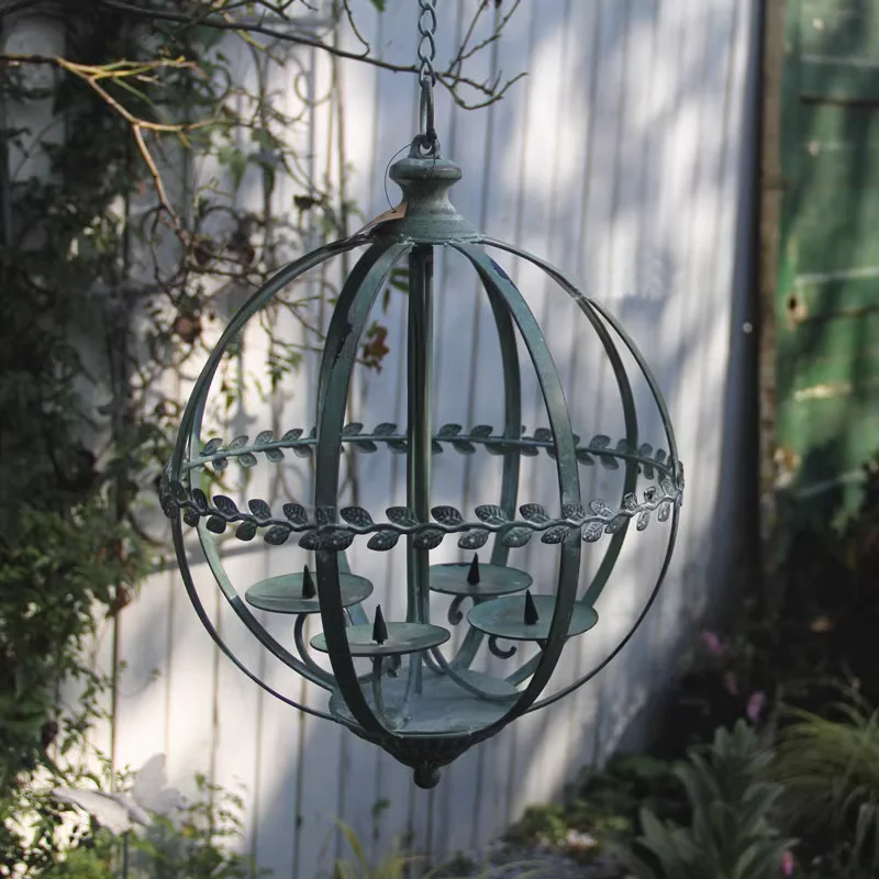 

Vintage Green Iron Hanging Candle Holder with Leafy Vine Design