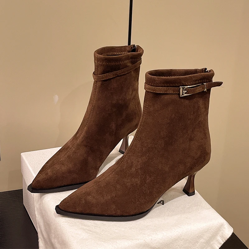 

Women High Heels Ankle Boots Winter Pointed Toe Shoes Dress Short Boots 2025 Fashion Pumps Suede Chelsea Boots Zip Mujer Botas