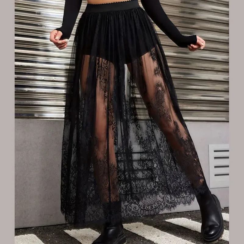 Odzież damska 2024 Summer New Black Gothic Style Lace Perspective Sexy Spicy Girl Dress Temperament Women Elegant Mesh Skirts