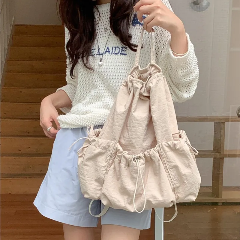 

Casual Nylon Drawstring Backpack Women 2024 Korean Large Capacity Pleated Commuting Backpacks Fashion Simple College Student Bag